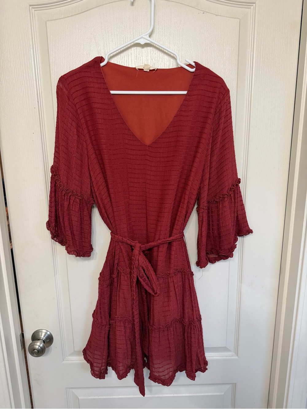 Deep Red Tiered V-Neck Belted Dress